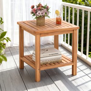 Patio Acacia Wood Side Table With Slatted Tabletop And Storage Shelf