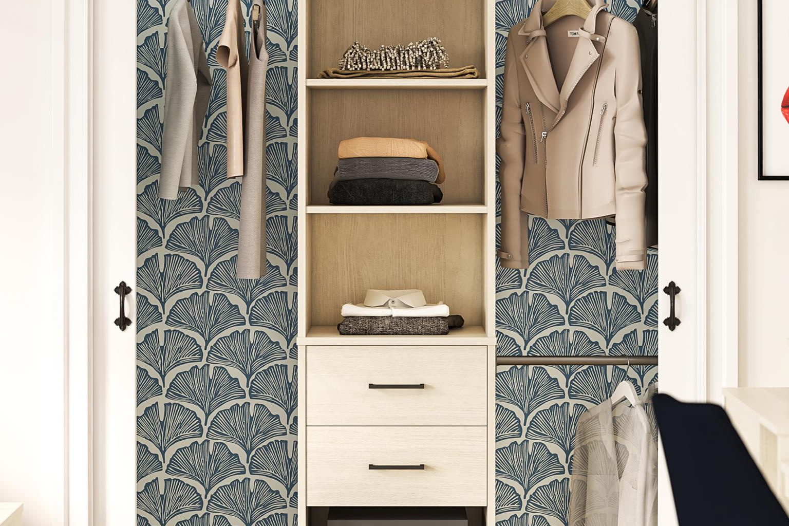 A tidy closet with folded clothes and labelled storage bins