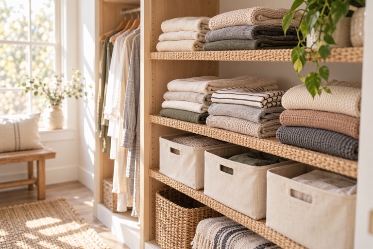 A walk-in closet with colour-grouped clothes on a rail and folded stacks in canvas bins