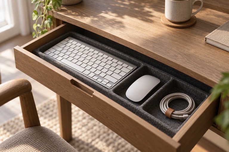 A desk drawer open with a keyboard and mouse in felt slots beside a cable coil