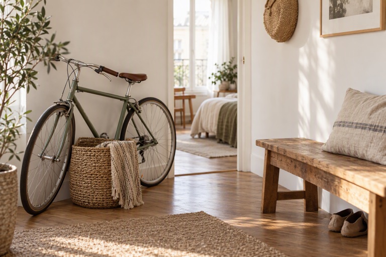 A small flat with a bicycle leaning against a light wall beside a woven storage basket and a wooden bench