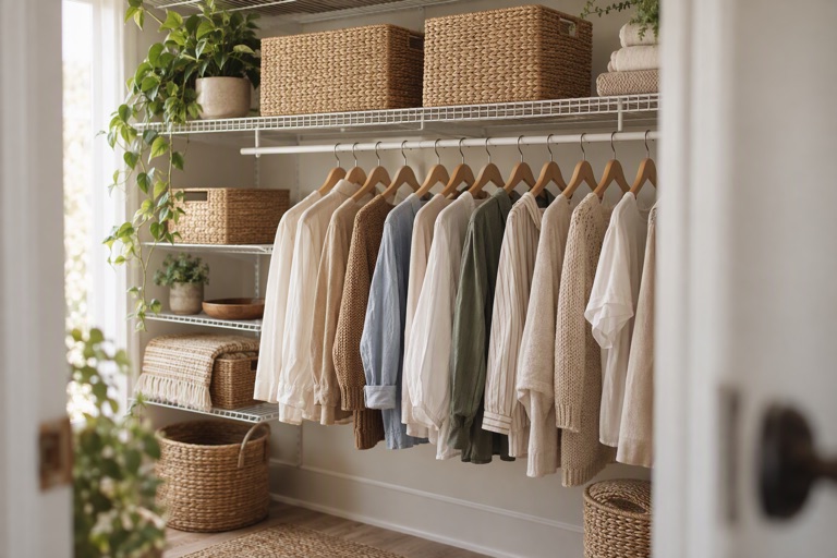 A closet with wire shelving holding woven baskets and a rail of neatly spaced hangers