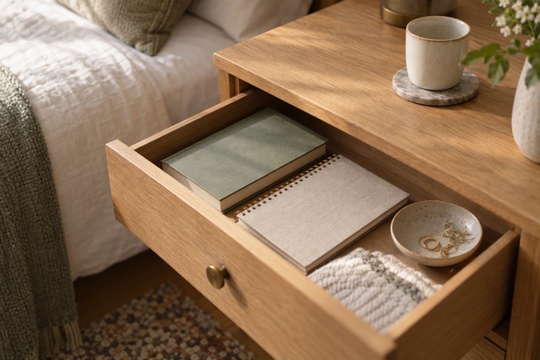 A bedside drawer open with a book, a notebook and a small dish