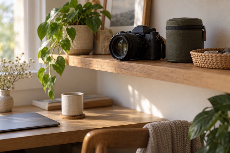 A desk with a camera resting on a shelf beside a lens case and a small woven tray