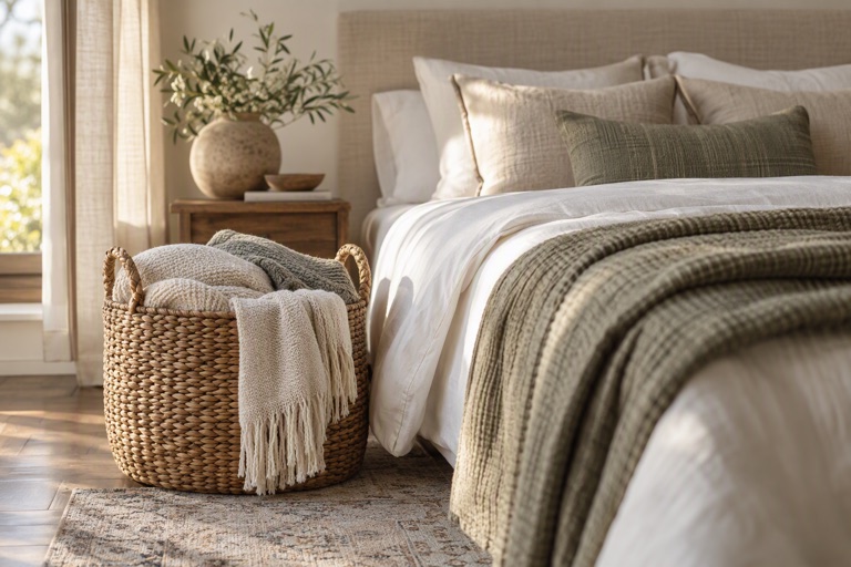 A bedroom with a woven basket of throws beside a neatly made bed