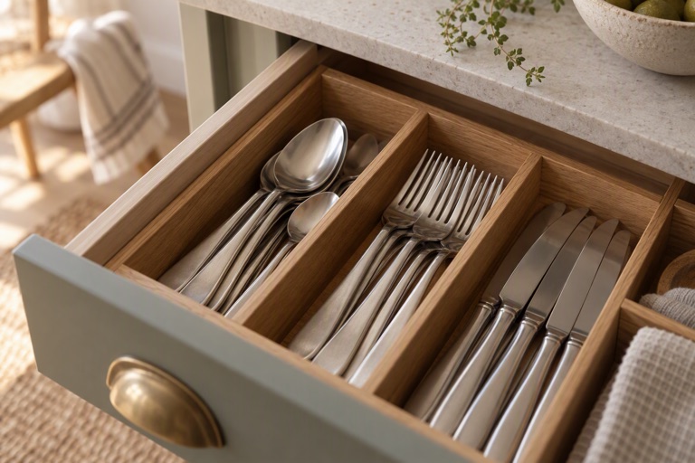 A cutlery drawer with a wooden tray holding separated spoons, forks and knives