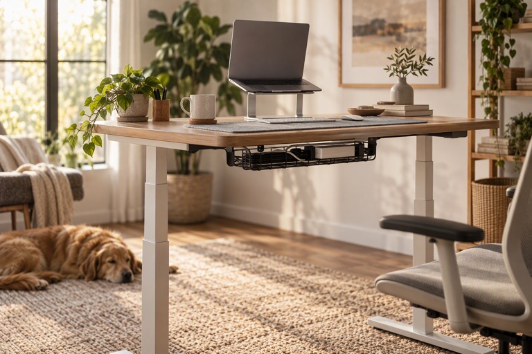 A standing desk with a laptop raised, a mat beneath and a cable tray, warm daylight
