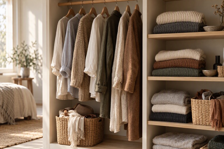 An open wardrobe with clothes on a wooden rail, shelves of folded knitwear and a basket of accessories