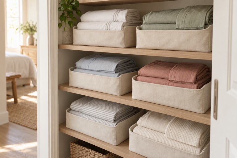 A linen closet with sheet sets folded in matching canvas bins on light wooden shelves