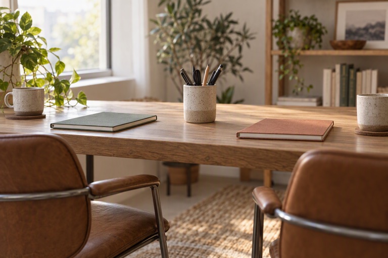 A shared desk with two chairs, two notebooks and a shared pen cup
