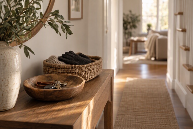 A hallway with a wooden console, a bowl for keys and a basket of gloves