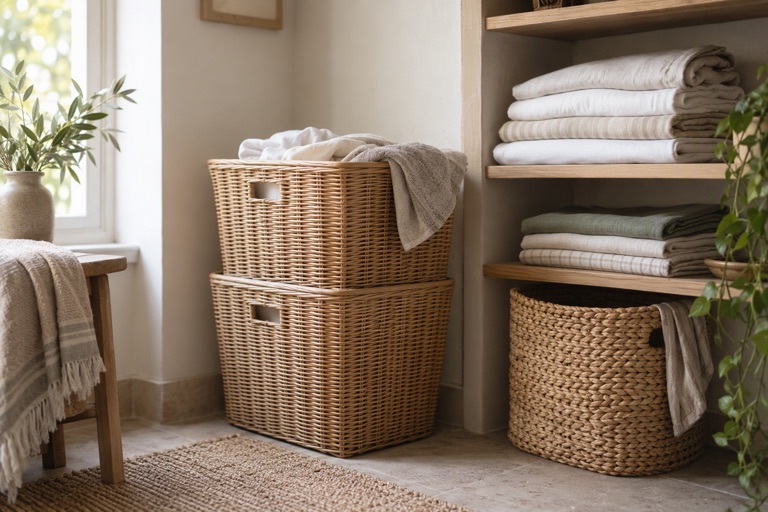 A utility corner with a stacked laundry basket, folded sheets on a shelf and a woven bin