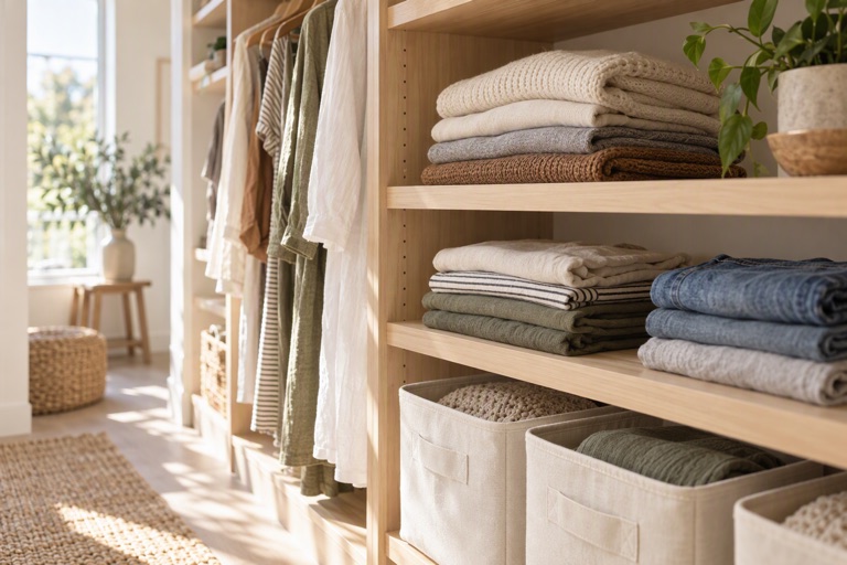 A bright closet interior with folded clothes on light wooden shelves, a hanging rail with evenly spaced hangers and canvas bins