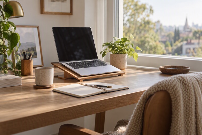 A tidy home office desk by a window with a laptop stand, notebook and small plant