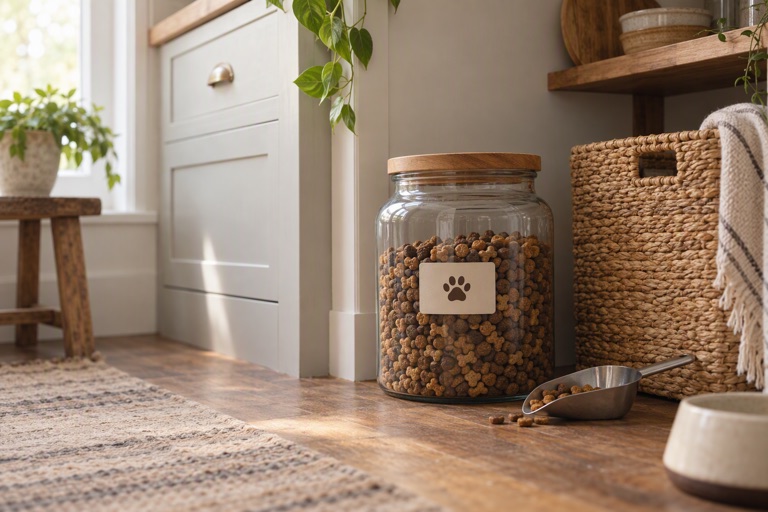 A kitchen corner with pet food in a labelled glass jar beside a scoop and a woven bin