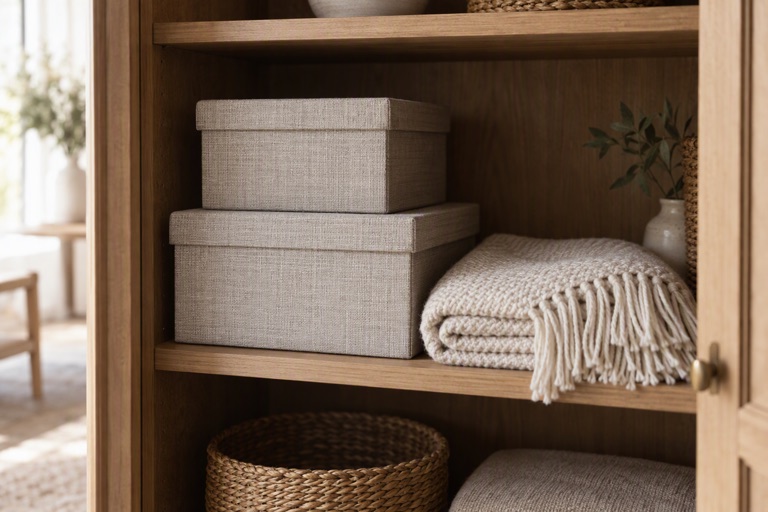 A cupboard with lidded storage boxes stacked beside a folded throw