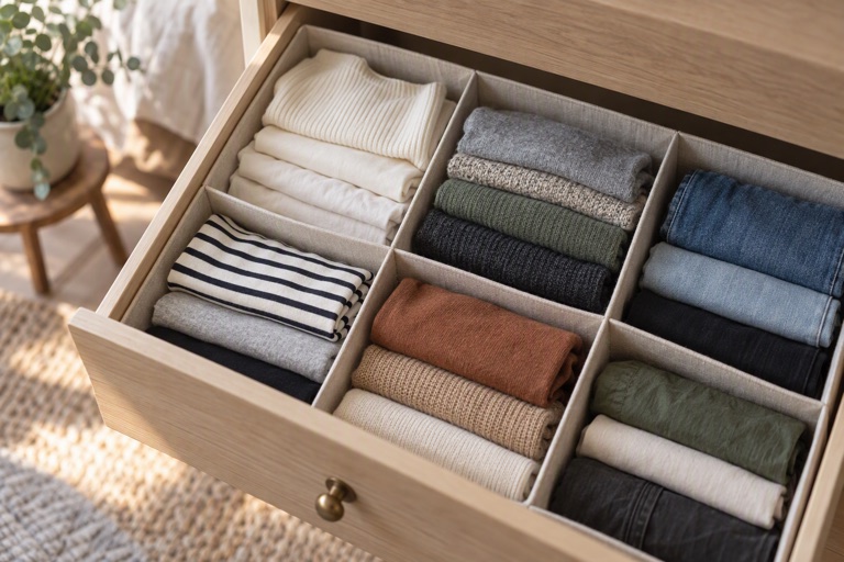 A drawer with folded clothes in neat stacks separated by fabric dividers