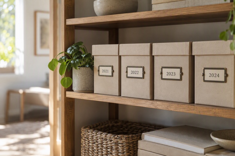 A shelf with archive boxes labelled by year beside a small plant