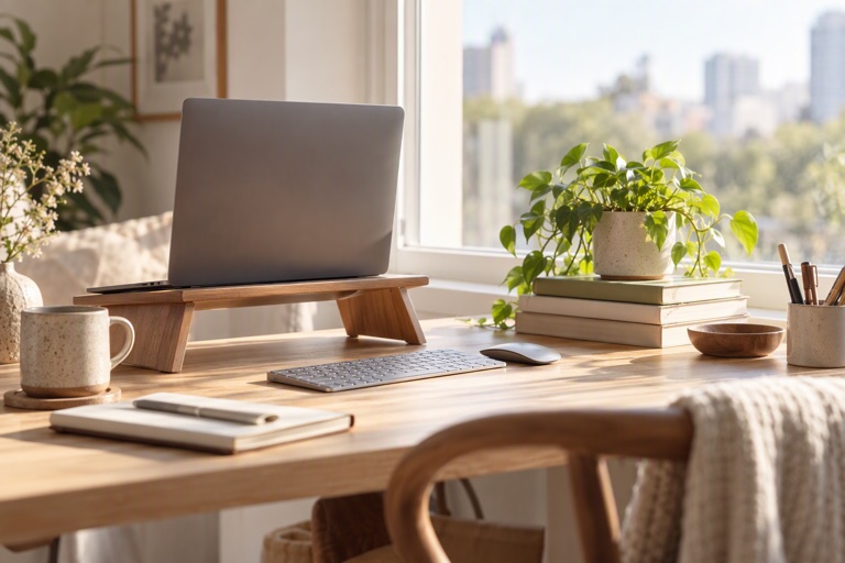 A bright desk with a laptop on a stand, a stack of books and a small plant by a window
