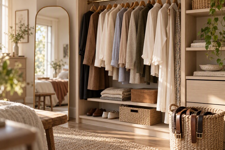 An organised open wardrobe with hanging clothes, a mirror and a basket of belts