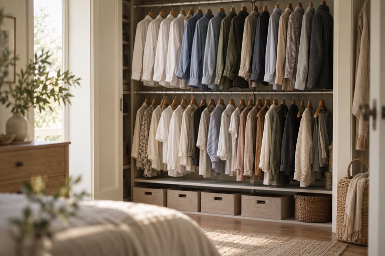 A closet with a double rail holding shirts and a lower shelf of storage boxes