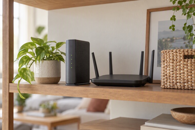 A tidy shelf with a router and modem set beside a small plant and a woven basket