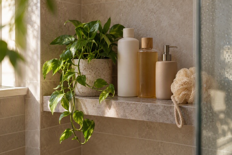 A shower shelf with bottles grouped beside a plant and a loofah