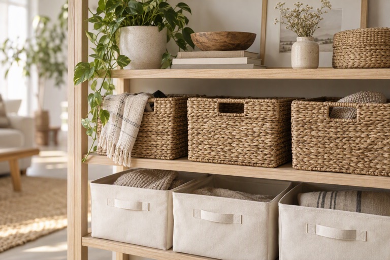 A styled light wooden shelf with woven storage baskets and canvas bins in warm neutral tones
