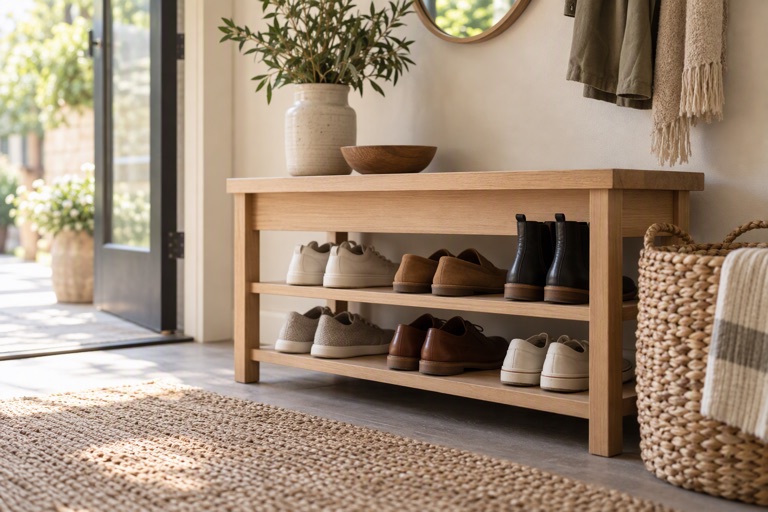 An entryway shoe rack with pairs of shoes neatly arranged on a light wooden bench beside a woven basket
