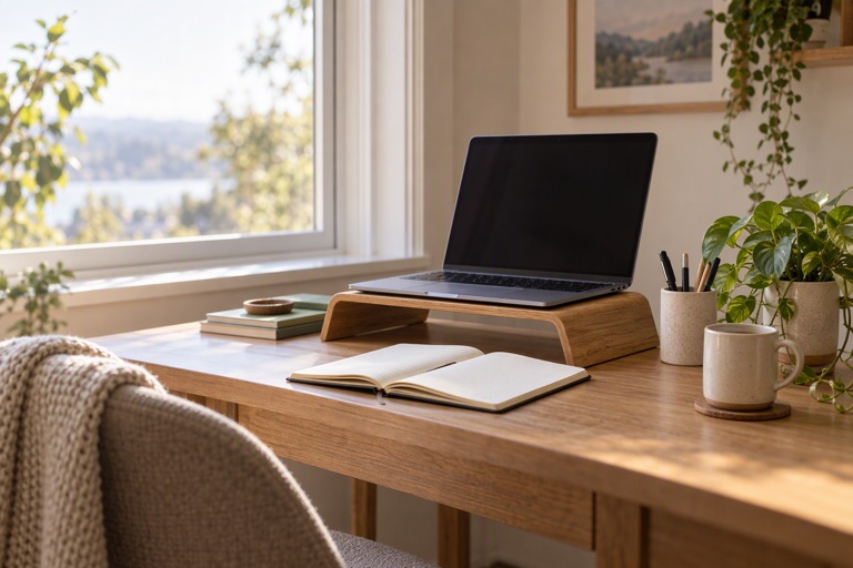 A tidy home office desk by a window with a laptop on a wooden stand, an open notebook, a pen cup and a small plant