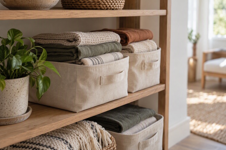 A shelf with folded textiles in canvas bins beside a small plant