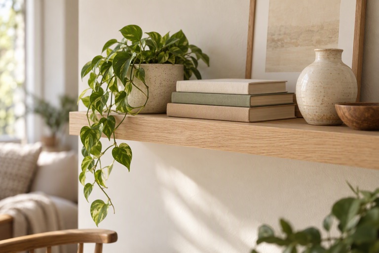A light wooden wall shelf holding stacked books, a small plant and a ceramic vase