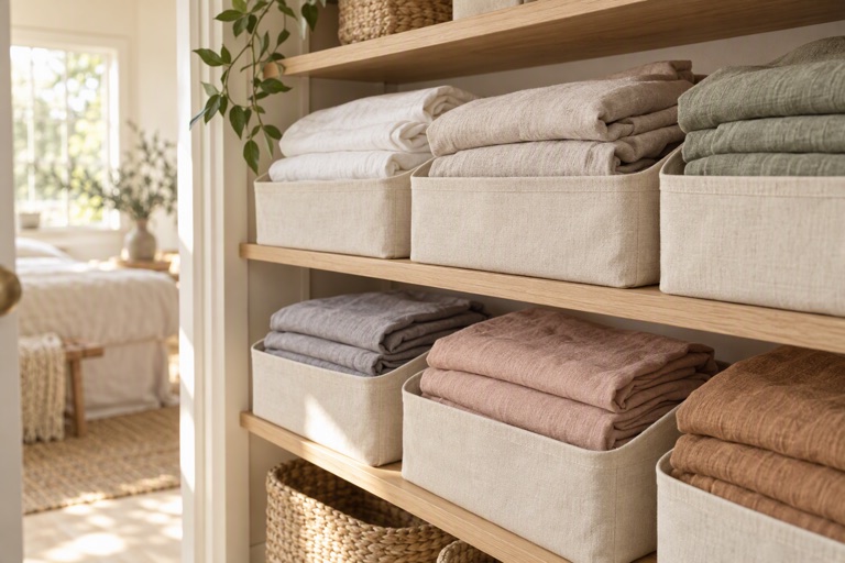 A bright closet with linen sheet sets in matching canvas bins on light wooden shelves
