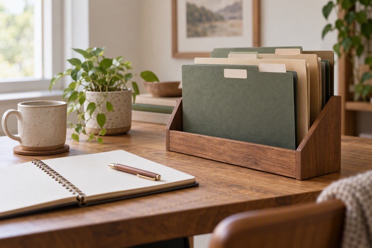 A desk with labelled folders standing in a wooden rack beside a notebook