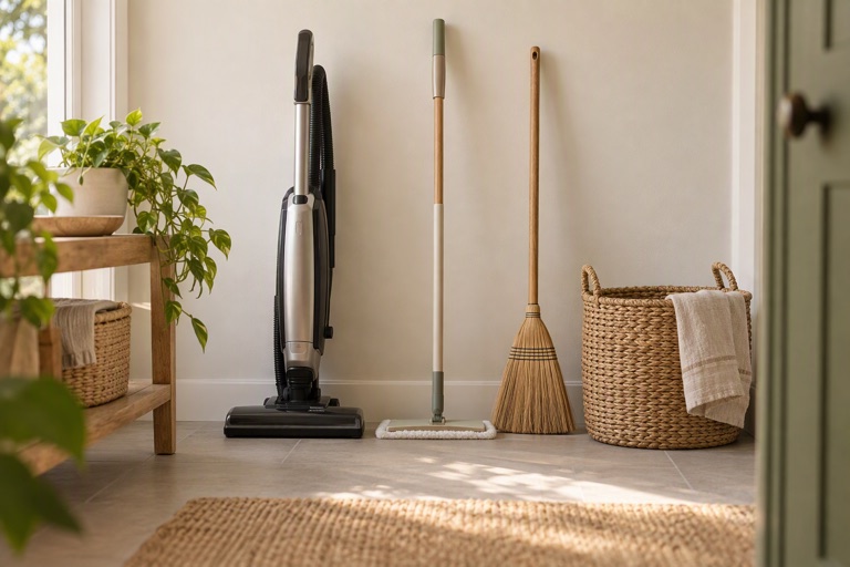 A tidy utility corner with a vacuum and mop standing beside a broom against a light wall with a woven basket