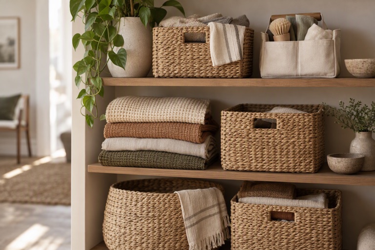 A styled shelf with woven organisers, a canvas caddy and folded textiles in warm neutral tones