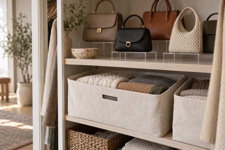 A closet with knitwear folded in a canvas bin and a shelf of handbags on risers