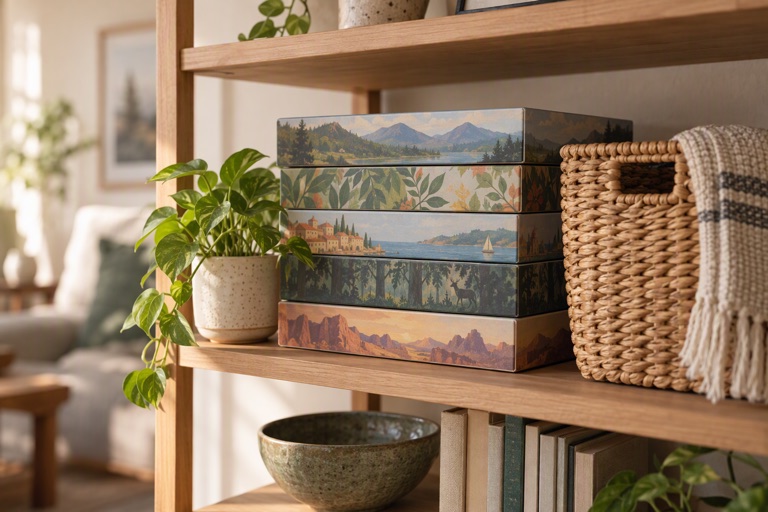 A shelf with board games stacked sideways beside a woven basket and a small plant