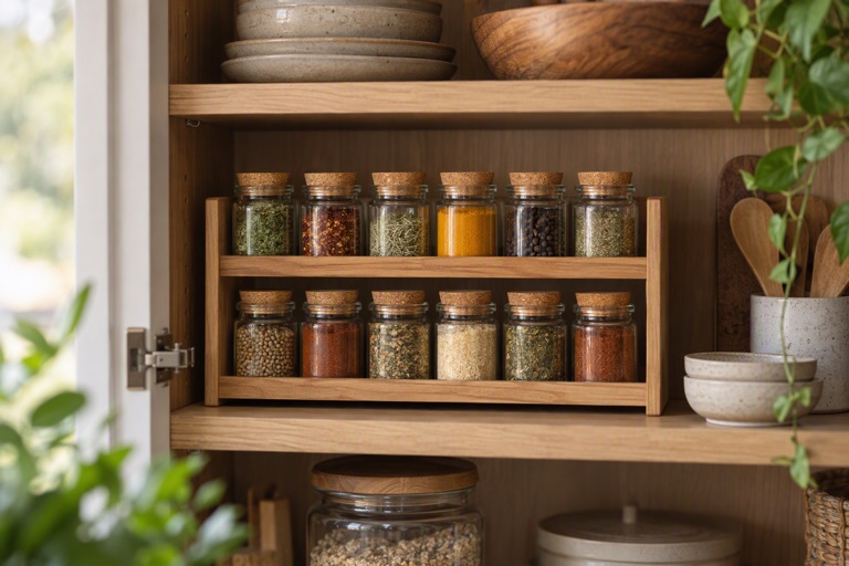 A kitchen cupboard with spices in small glass jars on a wooden rack