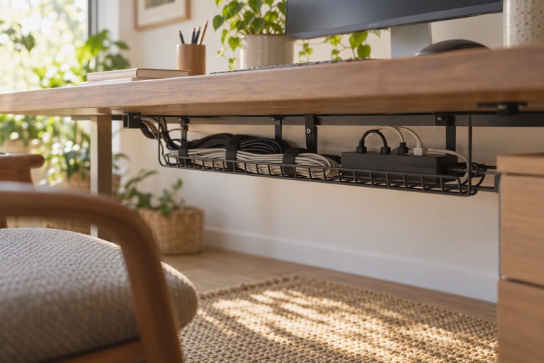A desk with a cable tray beneath it holding neatly bundled cords and a labelled power strip, warm daylight