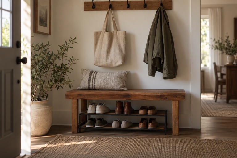 An entryway with a wooden bench, wall hooks holding a tote and a coat, and a shoe rack below