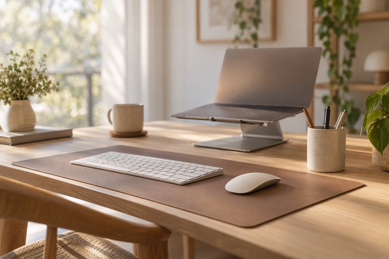 A clean desk with a keyboard and mouse resting on a mat beside a laptop stand and a pen cup