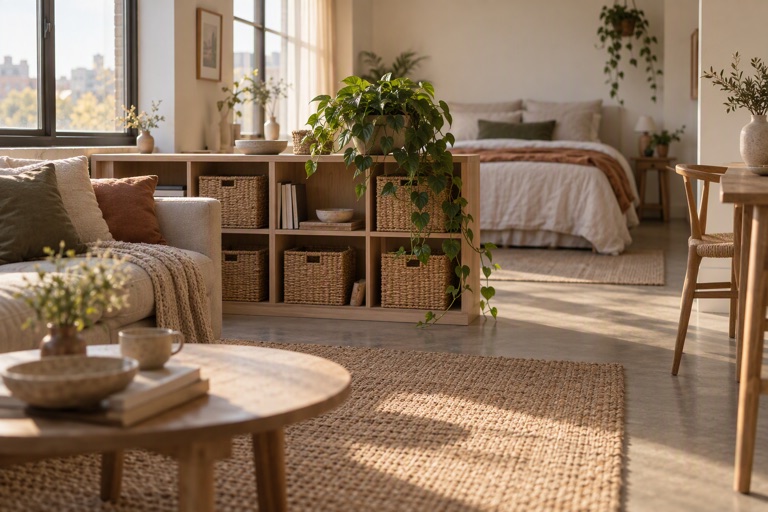A studio apartment with a rug, a low shelf of baskets and a plant dividing the space