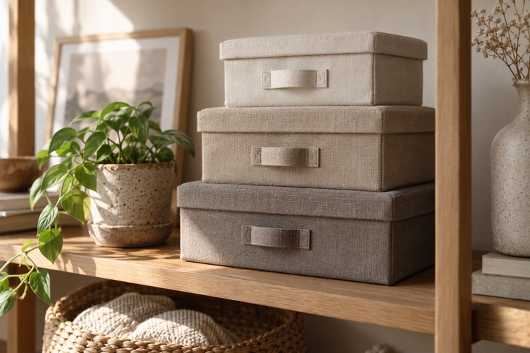 A shelf with stacked canvas storage boxes in neutral tones beside a small plant
