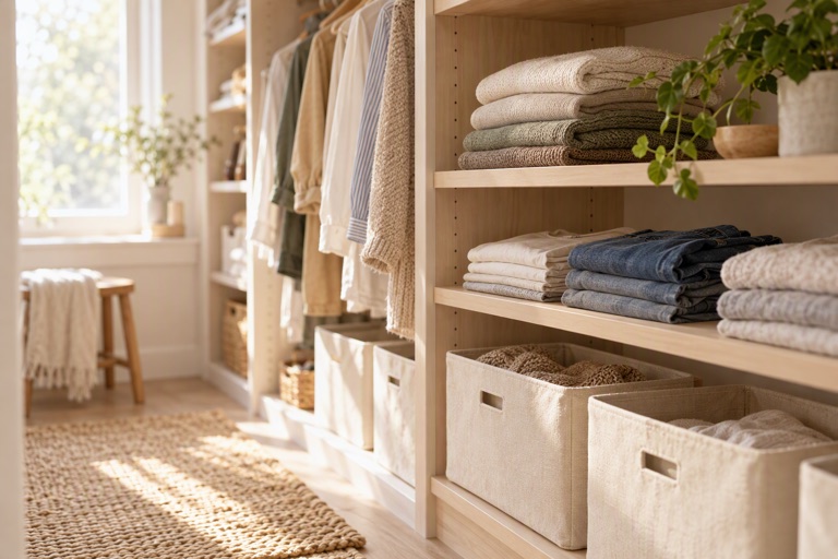 A bright closet interior with folded clothes on light wooden shelves and canvas bins