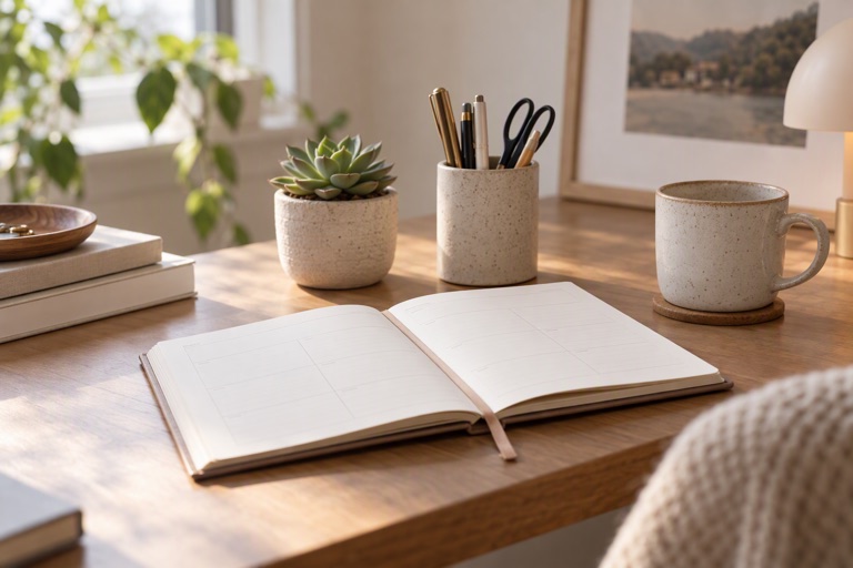 A tidy desk with an open planner, a pen cup and a small succulent