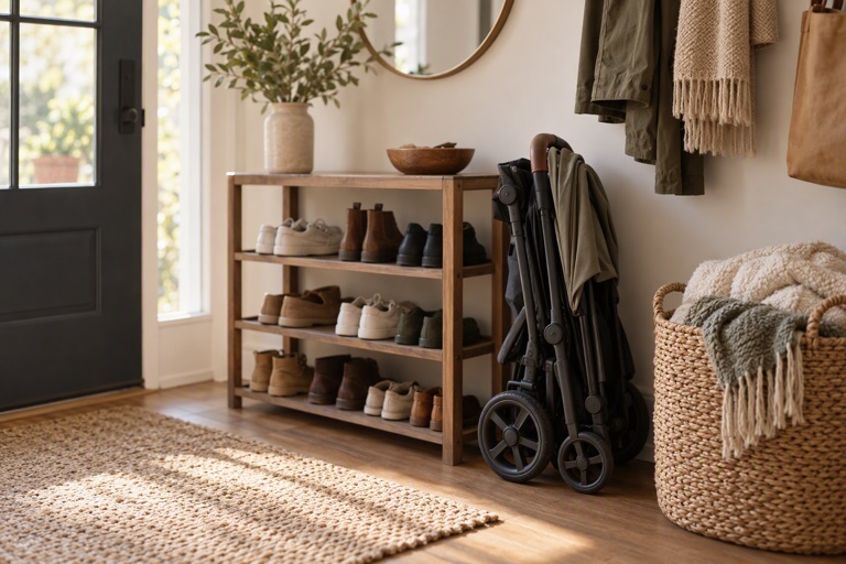An entryway with a folded stroller tucked beside a shoe rack and a basket of blankets
