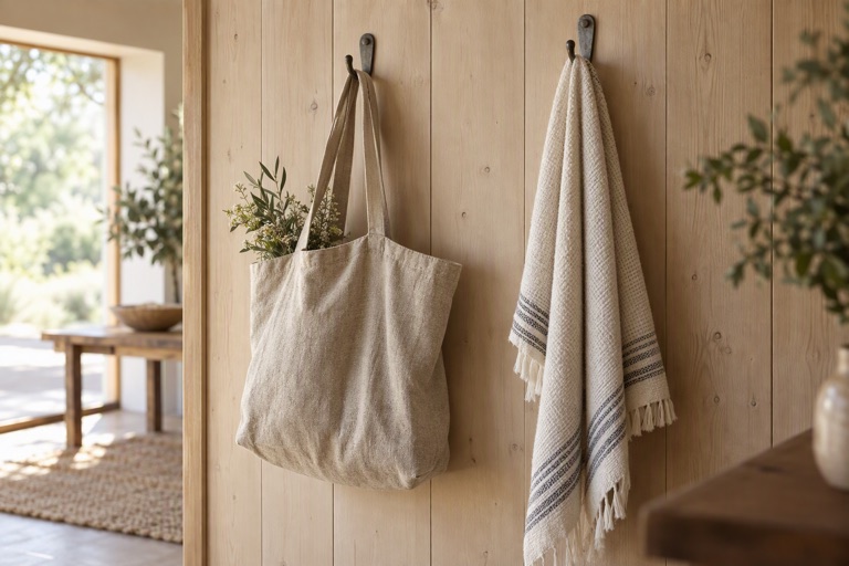 A light wooden wall with simple metal hooks holding a tote and a towel