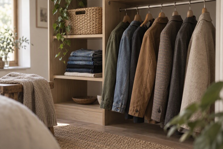 A wardrobe corner with a rail of jackets, a shelf of folded jeans and a woven basket
