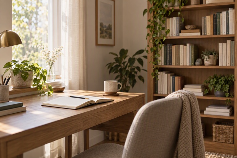 A study corner with a desk, a bookshelf of neat spines and a mug